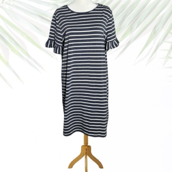 Blue & White Striped Ruffle Sleeve T-Shirt Dress | Casual Comfy Stretch | Size L - Picture 1 of 6